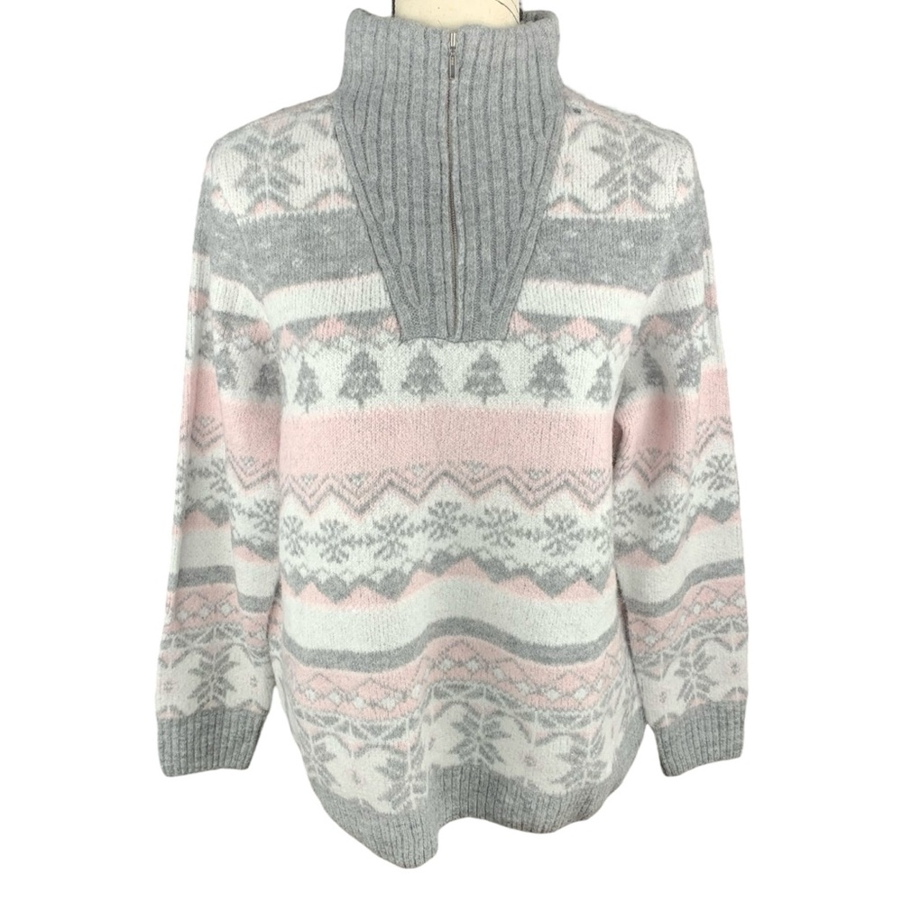 CROFT & BARROW Gray Pink & White Mock Neck Holiday Festive Sweater Size Large